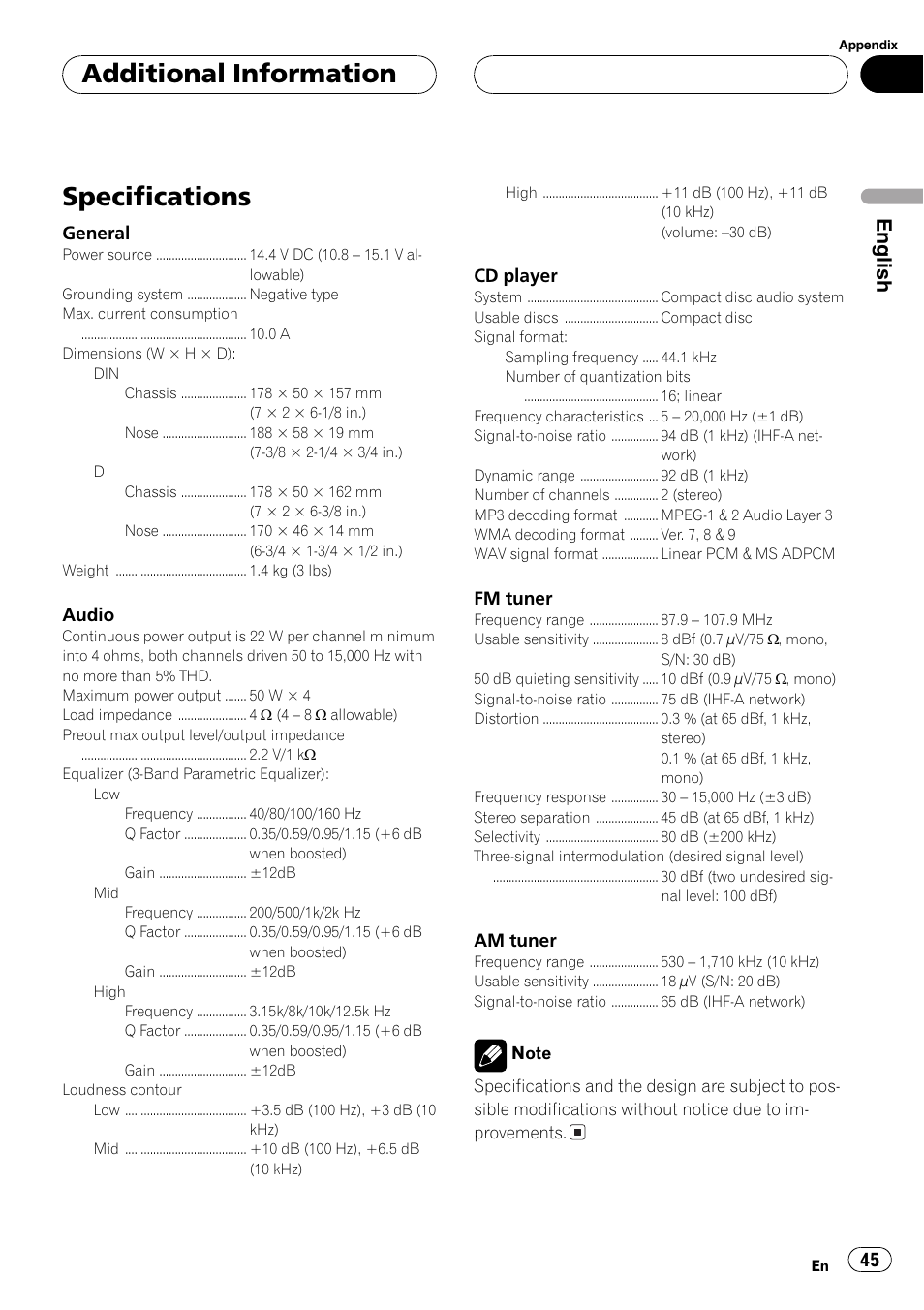 Specifications 45, Specifications, Additional information | English | Pioneer DEH-P460MP User Manual | Page 45 / 140