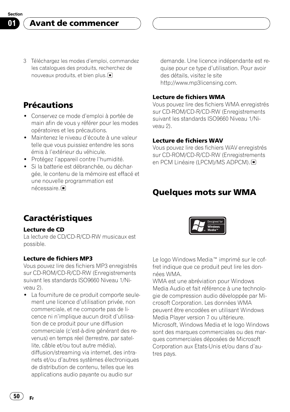 Précautions 50, Caractéristiques 50, Quelques mots sur wma 50 | Précautions, Caractéristiques, Quelques mots sur wma, Avant de commencer | Pioneer DEH-P460MP User Manual | Page 50 / 140