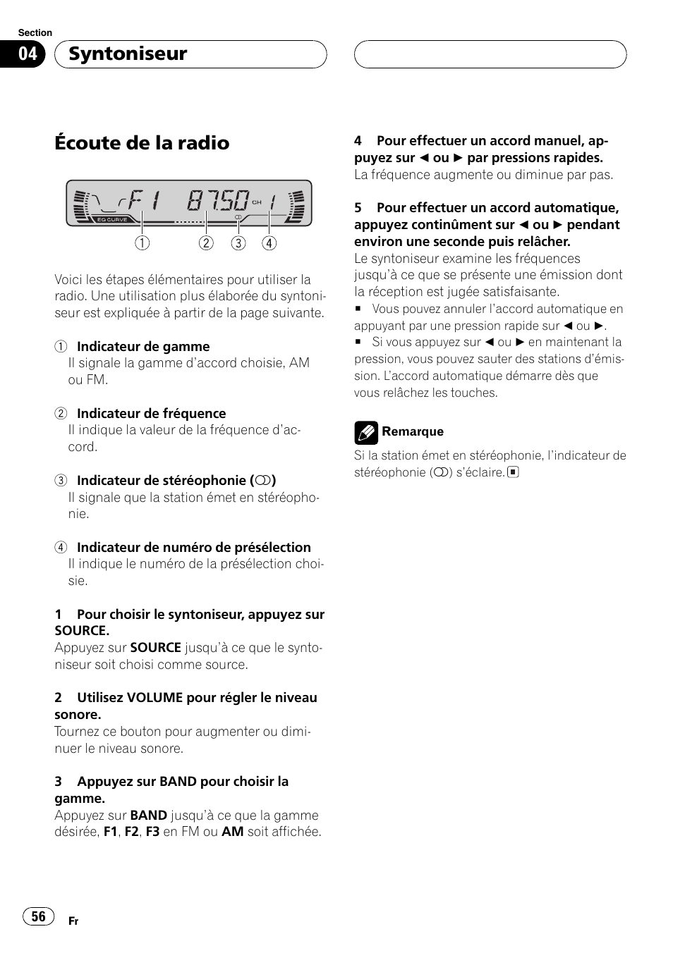 Syntoniseur, Écoute de la radio 56, Écoute de la radio | Pioneer DEH-P460MP User Manual | Page 56 / 140