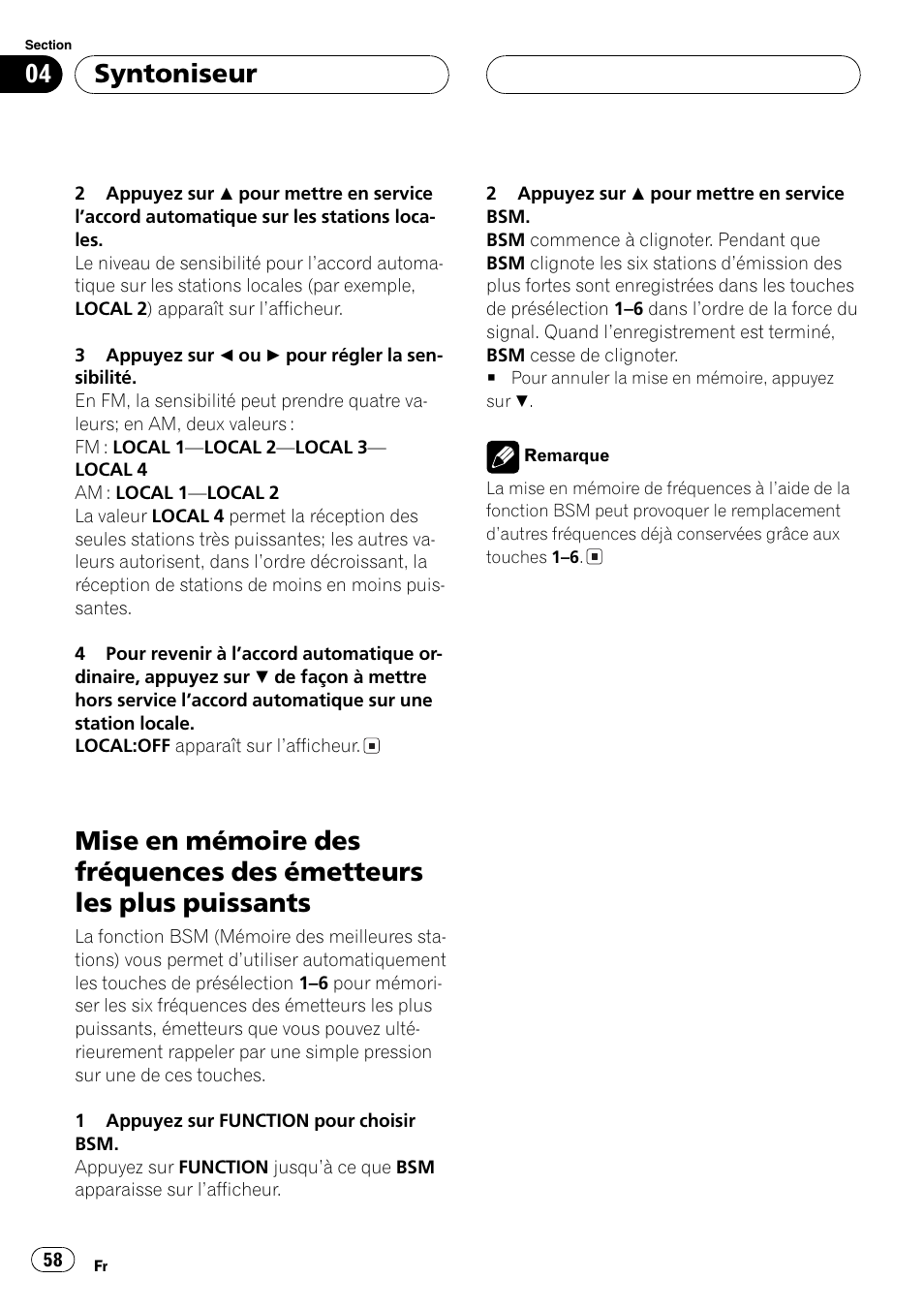 Mise en mémoire des fréquences des, Émetteurs les plus puissants 58, Syntoniseur | Pioneer DEH-P460MP User Manual | Page 58 / 140