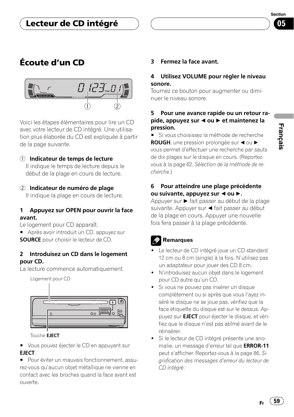 Lecteur de cd intégré, Écoute dun cd 59, Écoute dun cd | Pioneer DEH-P460MP User Manual | Page 59 / 140