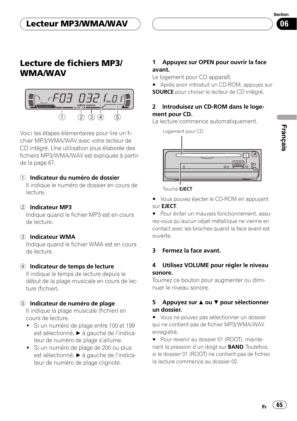 Lecteur mp3/wma/wav, Lecture de fichiers mp3/wma/wav 65, Lecture de fichiers mp3/ wma/wav | Pioneer DEH-P460MP User Manual | Page 65 / 140