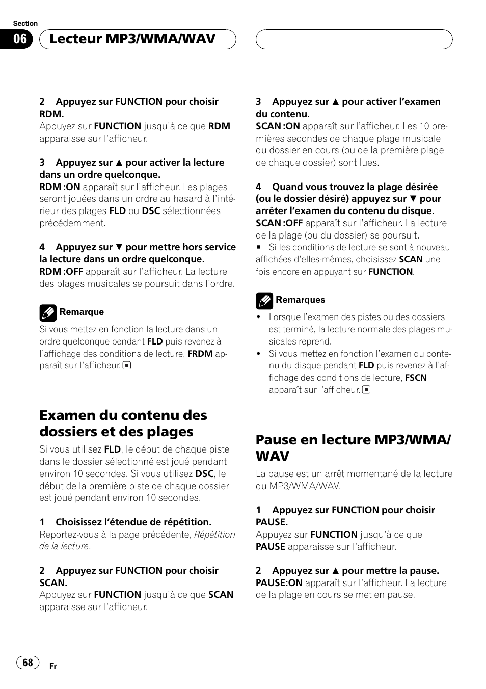 Examen du contenu des dossiers et des, Plages 68, Pause en lecture mp3/wma/wav 68 | Examen du contenu des dossiers et des plages, Pause en lecture mp3/wma/ wav, Lecteur mp3/wma/wav | Pioneer DEH-P460MP User Manual | Page 68 / 140