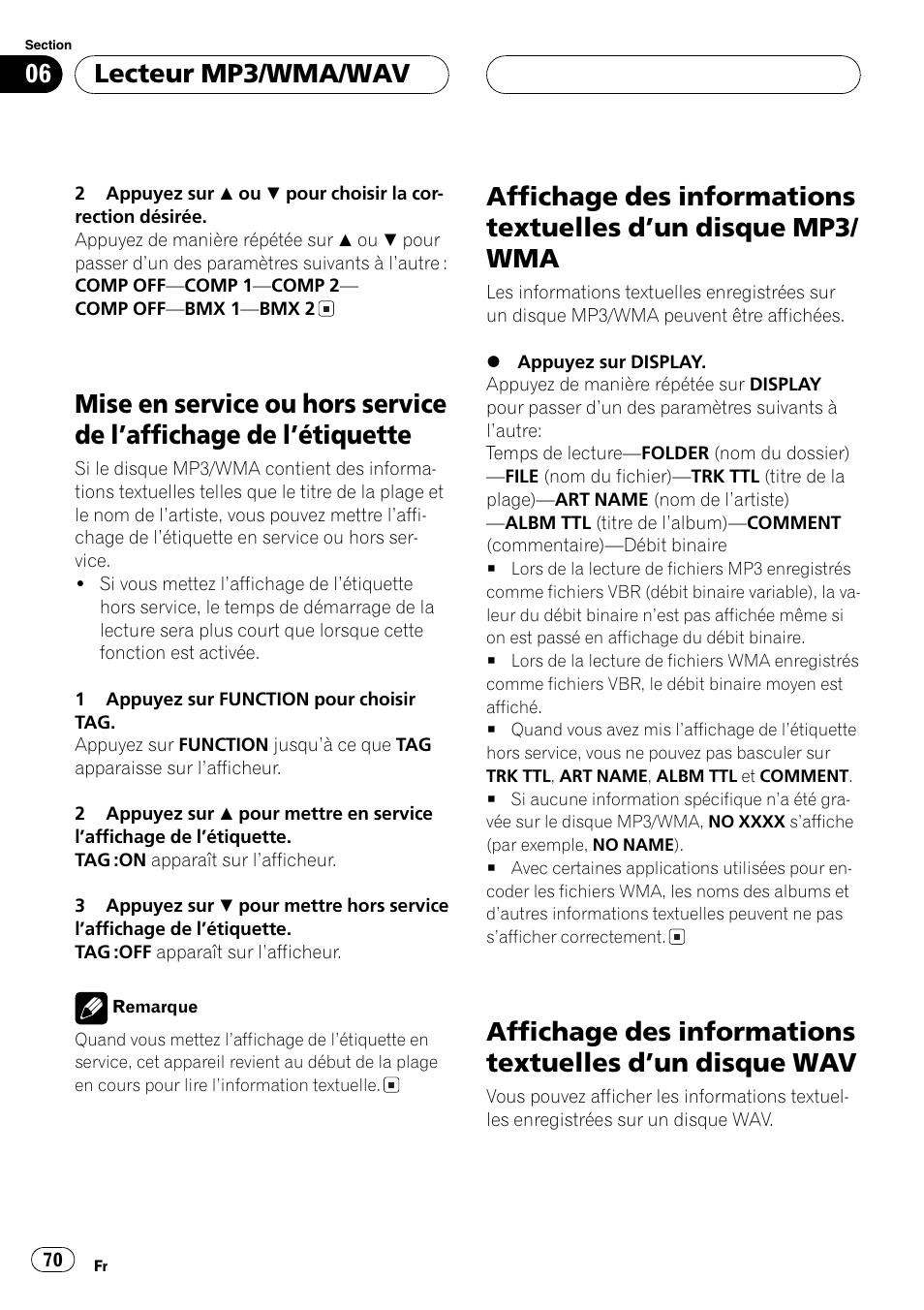 Mise en service ou hors service de laffichage, De létiquette 70, Affichage des informations textuelles dun | Disque mp3/wma 70, Disque wav 70, Lecteur mp3/wma/wav | Pioneer DEH-P460MP User Manual | Page 70 / 140