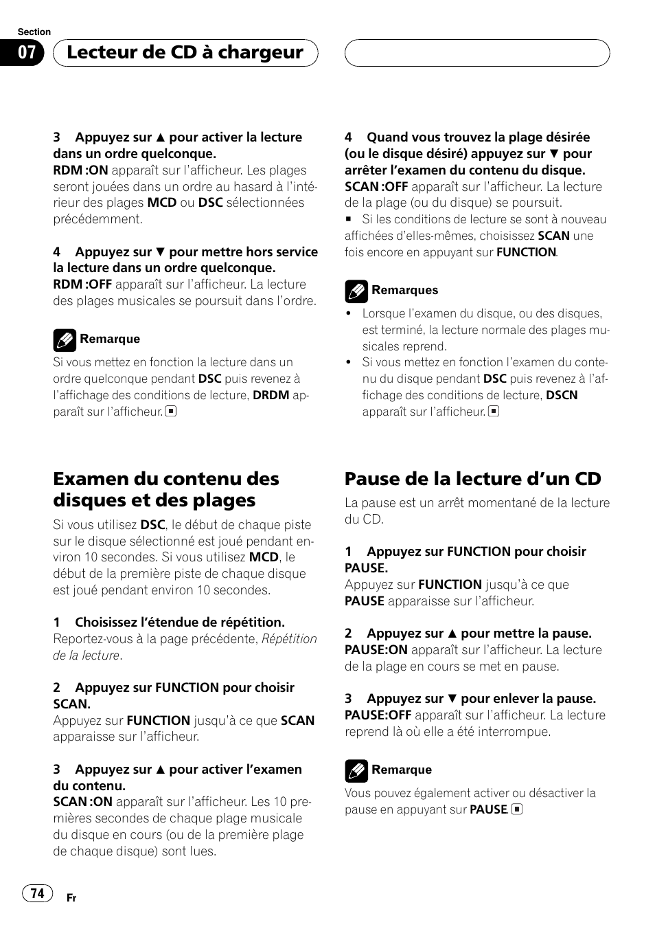 Examen du contenu des disques et des, Plages 74, Pause de la lecture dun cd 74 | Examen du contenu des disques et des plages, Pause de la lecture dun cd, Lecteur de cd à chargeur | Pioneer DEH-P460MP User Manual | Page 74 / 140