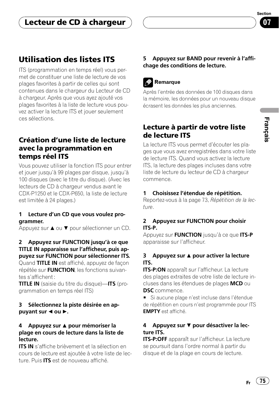 Utilisation des listes its 75, Création dune liste de lecture avec la, Programmation en temps réel its 75 | Lecture à partir de votre liste de, Lecture its 75, Utilisation des listes its, Lecteur de cd à chargeur, Lecture à partir de votre liste de lecture its | Pioneer DEH-P460MP User Manual | Page 75 / 140