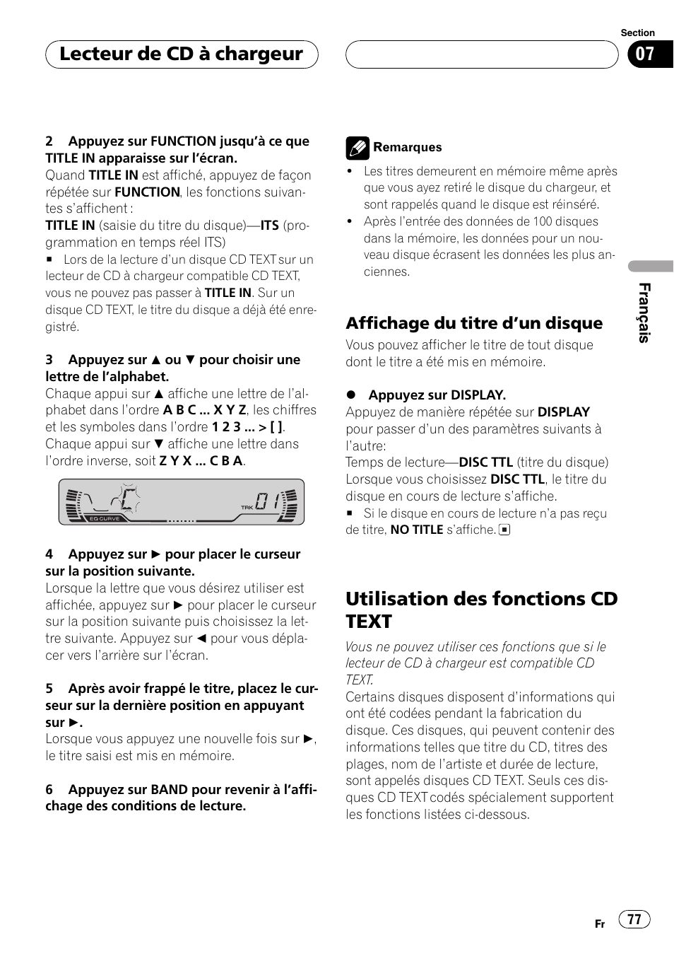 Affichage du titre dun disque 77, Utilisation des fonctions cd text 77, Utilisation des fonctions cd text | Lecteur de cd à chargeur, Affichage du titre dun disque | Pioneer DEH-P460MP User Manual | Page 77 / 140