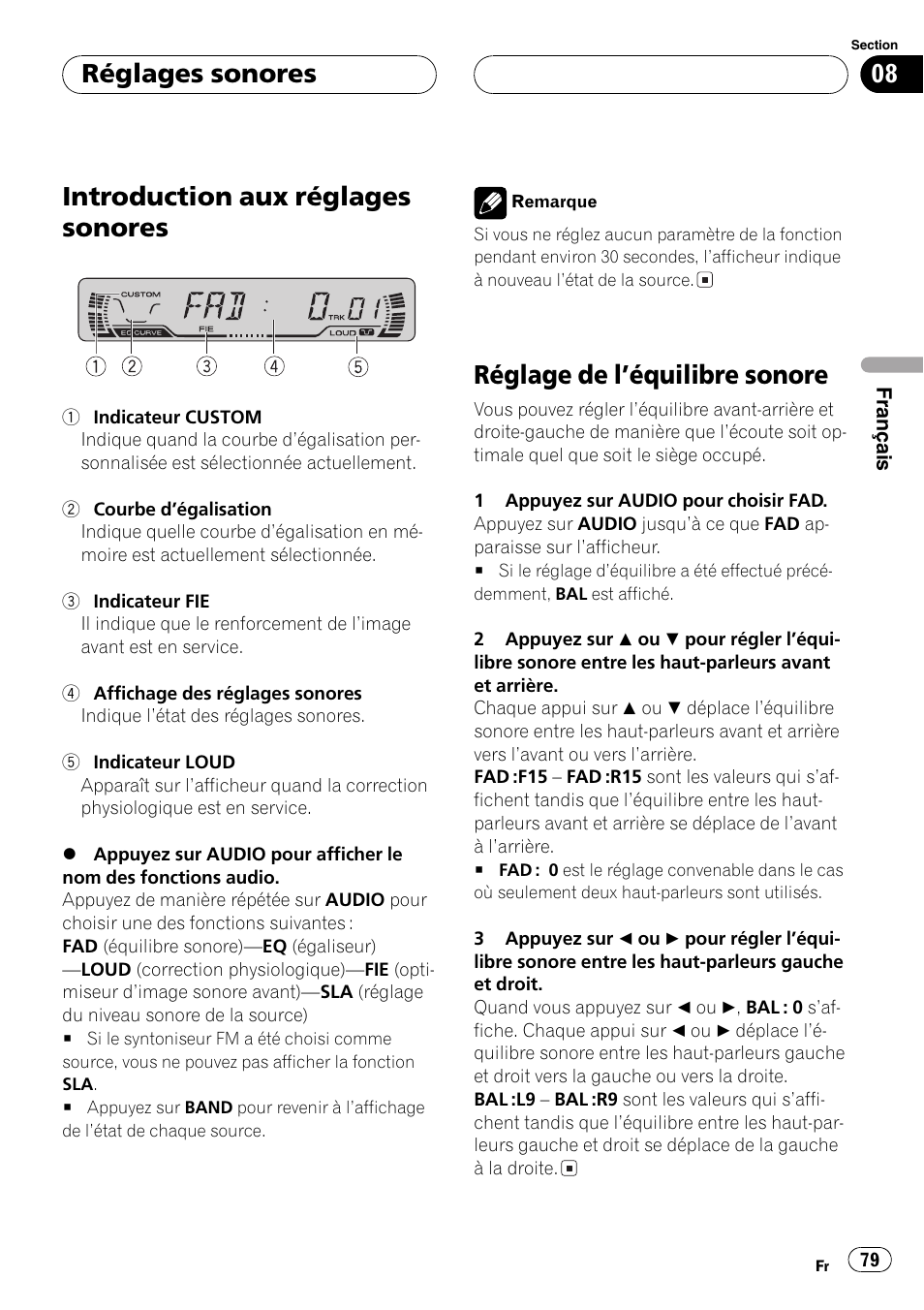 Réglages sonores, Introduction aux réglages sonores 79, Réglage de léquilibre sonore 79 | Introduction aux réglages sonores, Réglage de léquilibre sonore | Pioneer DEH-P460MP User Manual | Page 79 / 140