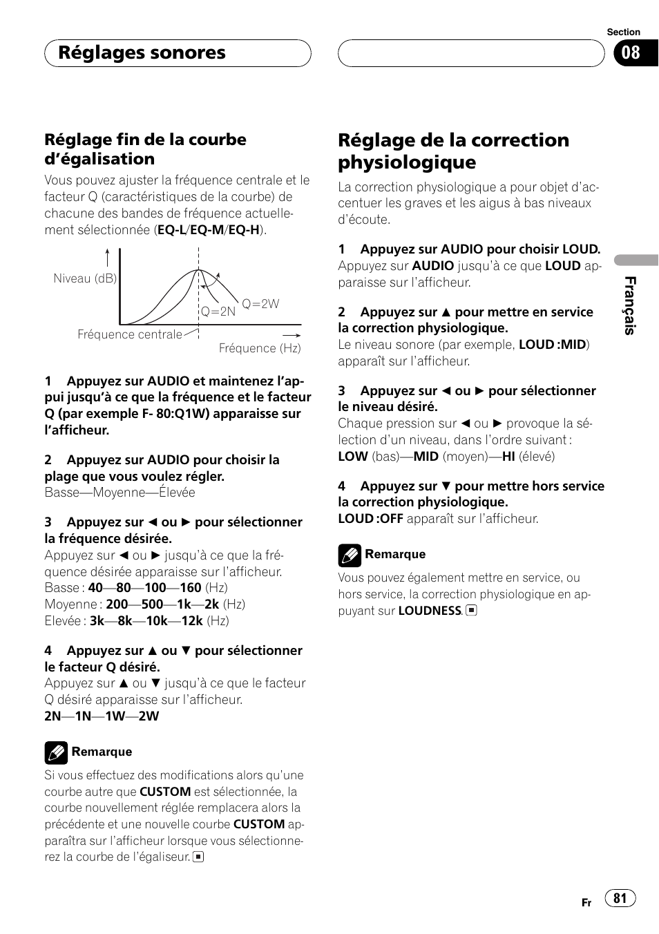 Réglage fin de la courbe, Dégalisation 81, Réglage de la correction physiologique 81 | Réglage de la correction physiologique, Réglages sonores, Réglage fin de la courbe dégalisation | Pioneer DEH-P460MP User Manual | Page 81 / 140