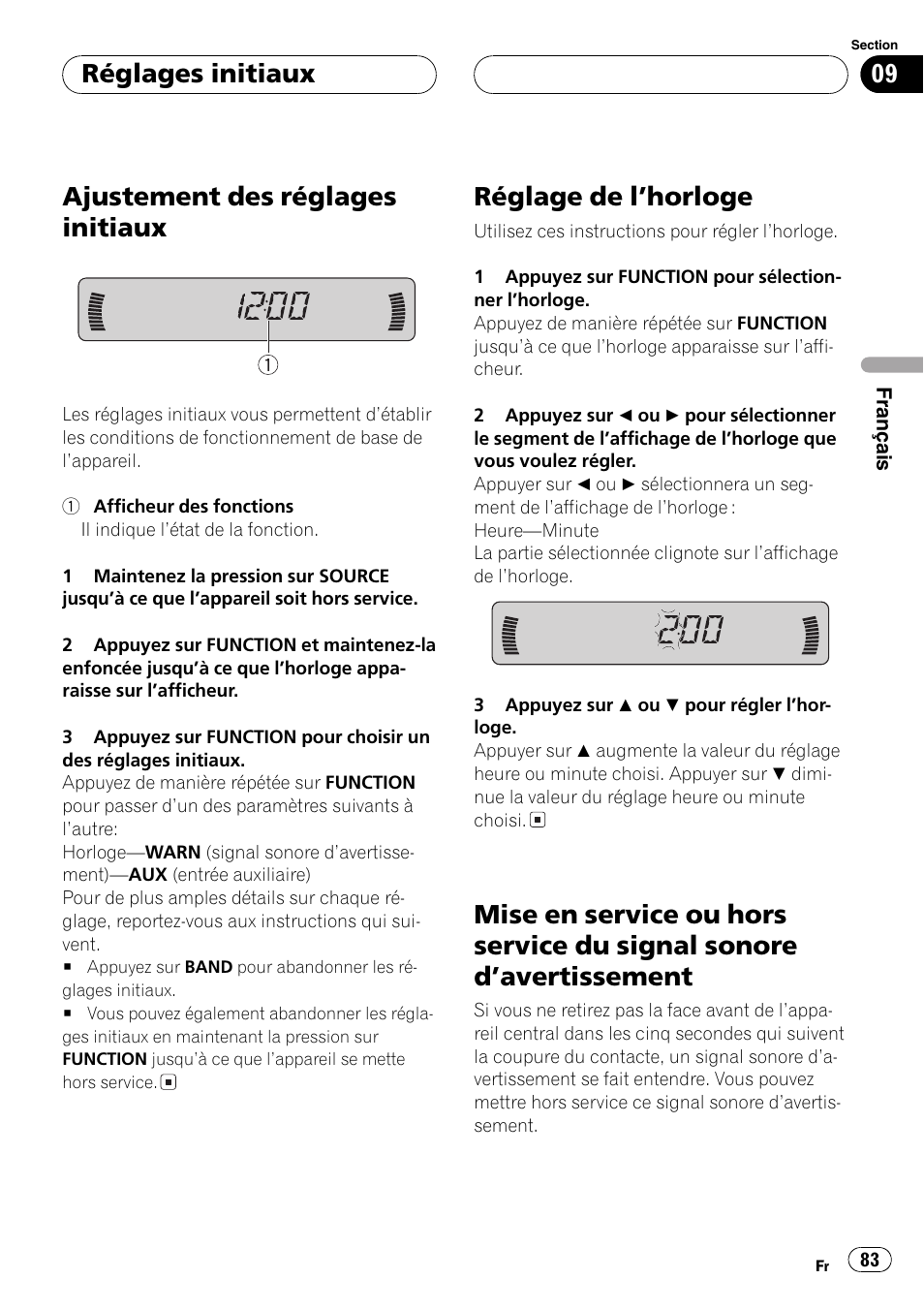 Réglages initiaux, Ajustement des réglages initiaux 83, Réglage de lhorloge 83 | Mise en service ou hors service du signal, Sonore davertissement 83, Ajustement des réglages initiaux, Réglage de lhorloge | Pioneer DEH-P460MP User Manual | Page 83 / 140