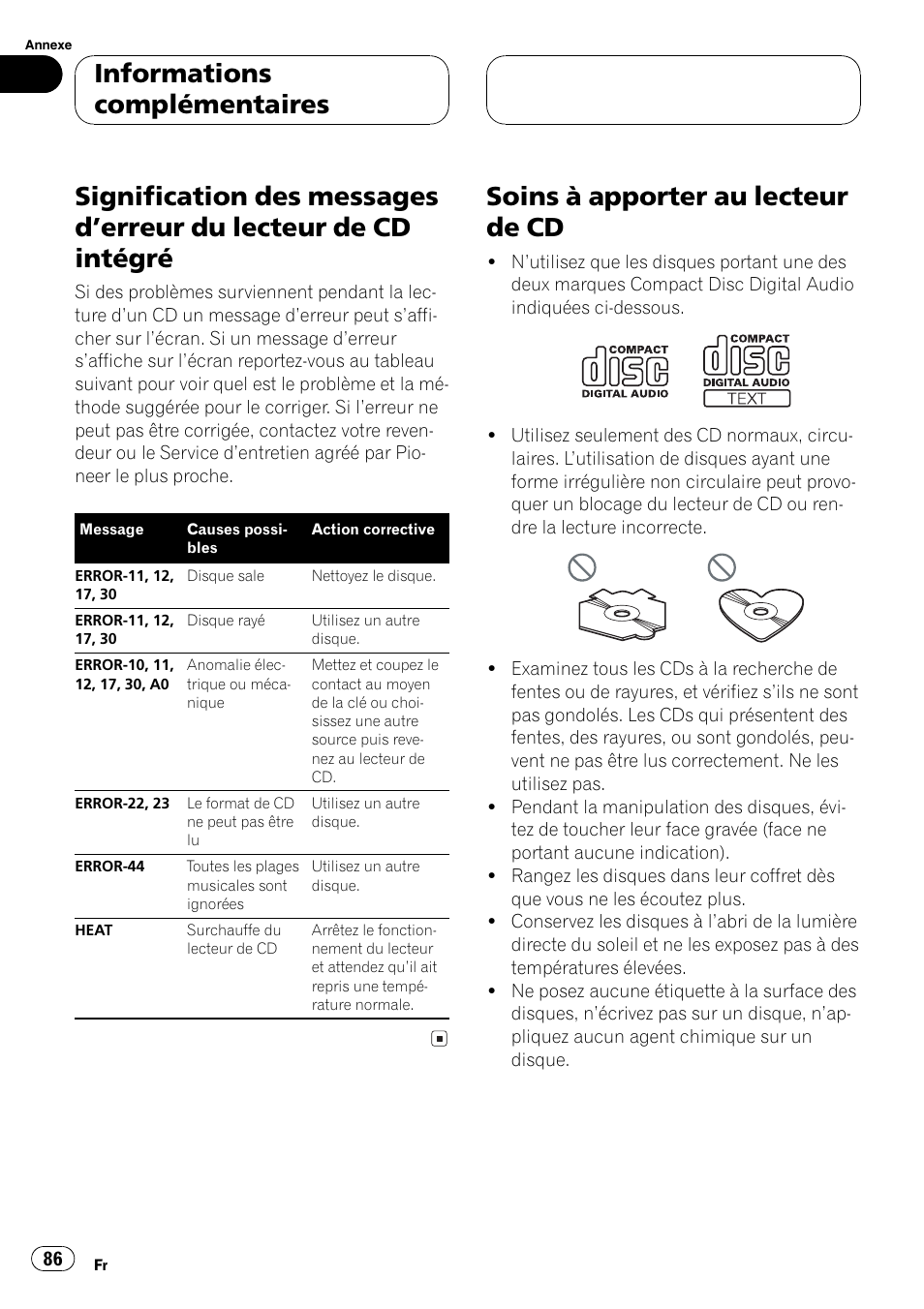 Informations complémentaires, Signification des messages derreur du, Lecteur de cd intégré 86 | Soins à apporter au lecteur de cd 86, Soins à apporter au lecteur de cd | Pioneer DEH-P460MP User Manual | Page 86 / 140