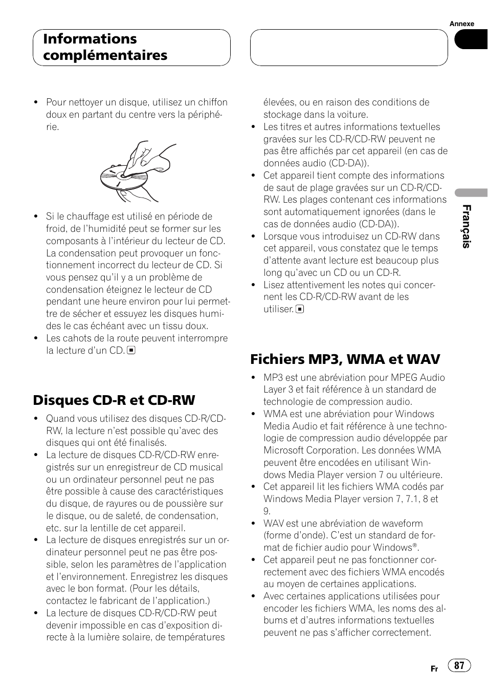 Disques cd-r et cd-rw 87, Fichiers mp3, wma et wav 87, Disques cd-r et cd-rw | Fichiers mp3, wma et wav, Informations complémentaires | Pioneer DEH-P460MP User Manual | Page 87 / 140