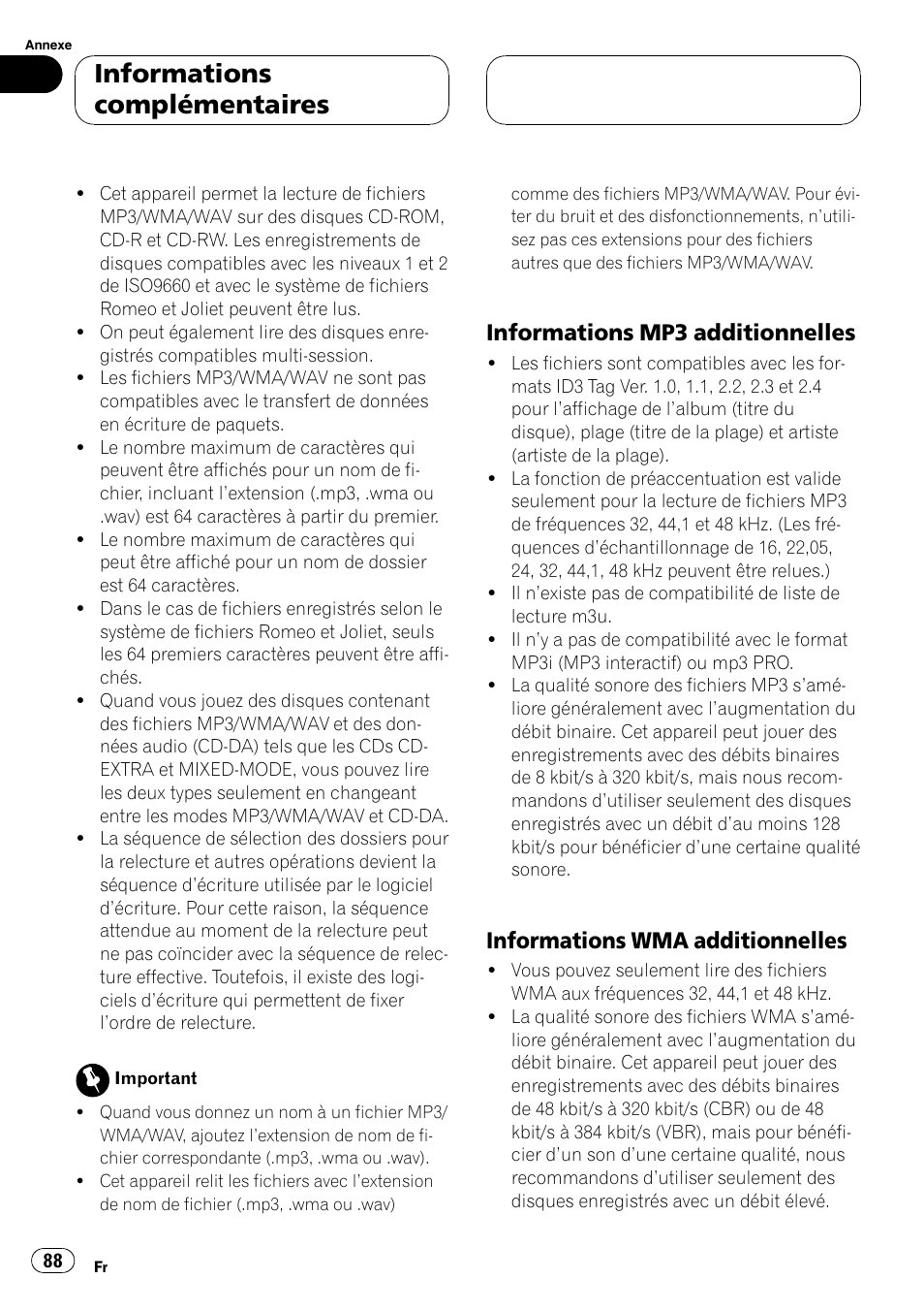 Informations mp3 additionnelles 88, Informations wma additionnelles 88, Informations complémentaires | Informations mp3 additionnelles, Informations wma additionnelles | Pioneer DEH-P460MP User Manual | Page 88 / 140