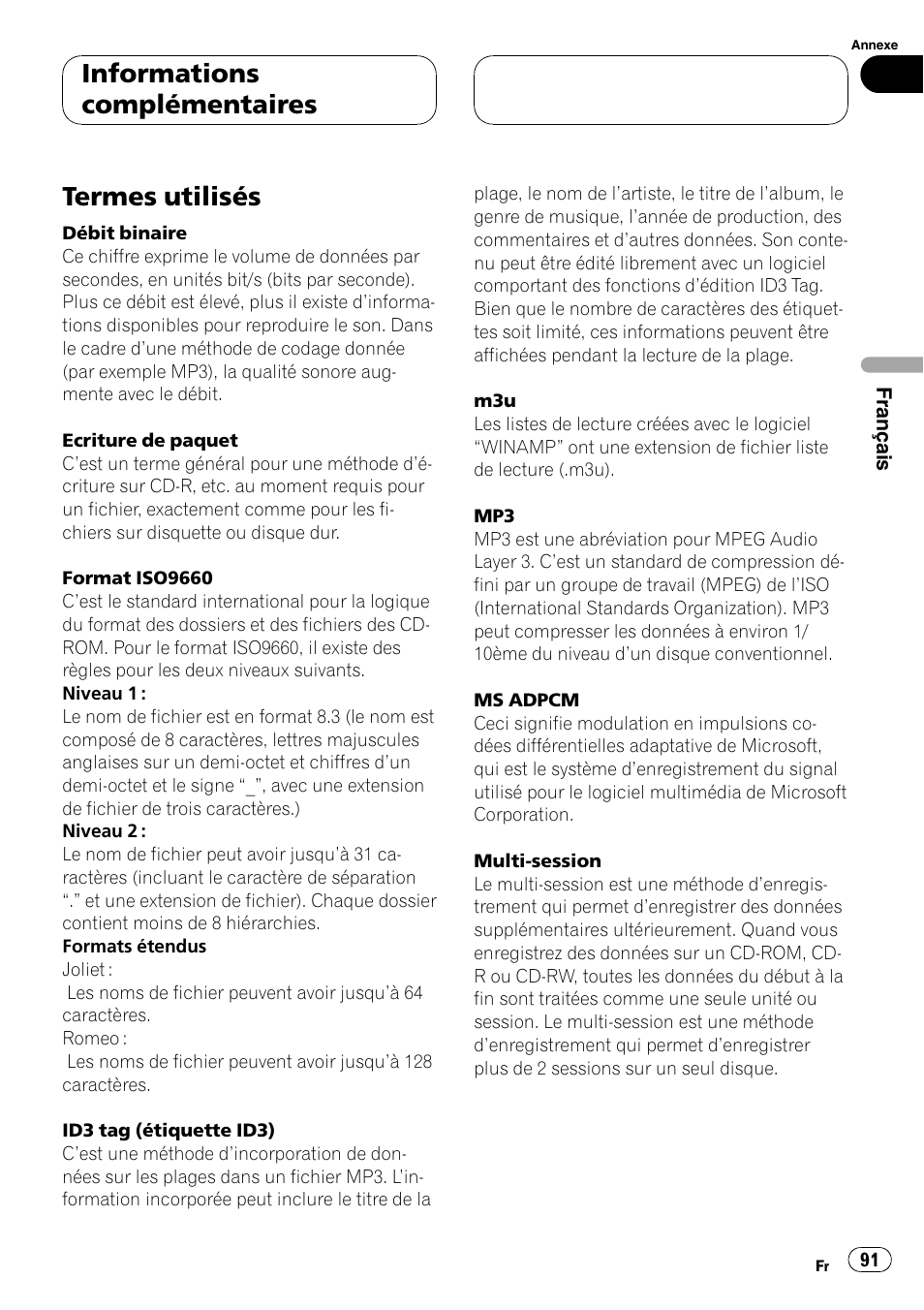 Termes utilisés 91, Termes utilisés, Informations complémentaires | Pioneer DEH-P460MP User Manual | Page 91 / 140