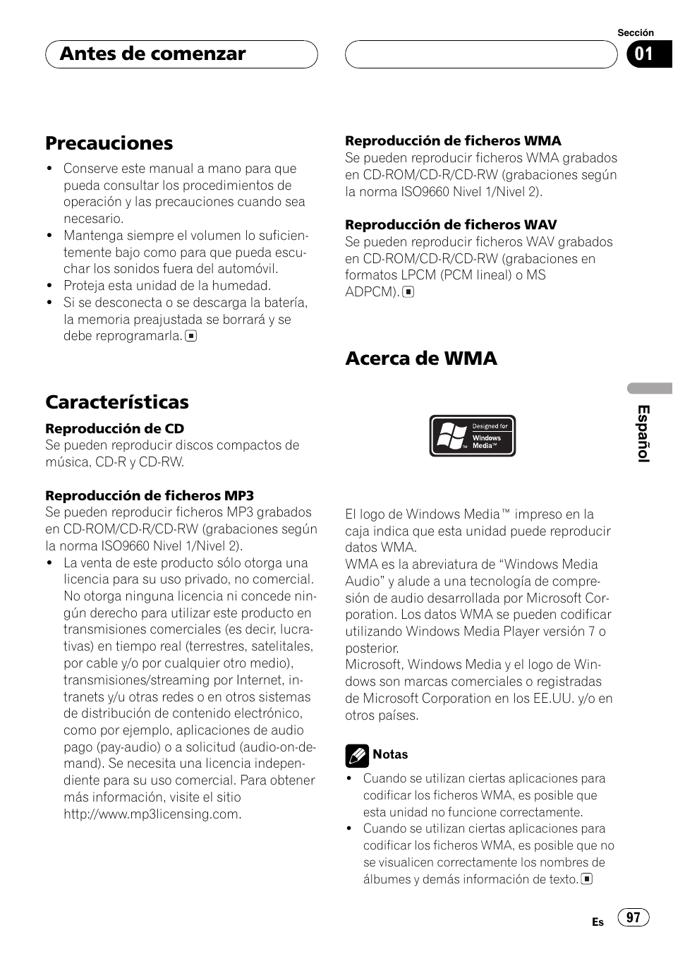 Precauciones 97, Características 97, Acerca de wma 97 | Precauciones, Características, Acerca de wma, Antes de comenzar | Pioneer DEH-P460MP User Manual | Page 97 / 140