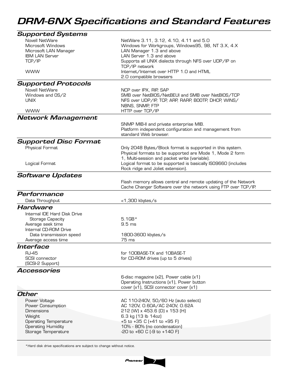 Drm-6nx specifications and standard features, Supported systems, Supported protocols | Network management, Supported disc format, Software updates, Performance, Hardware, Interface, Accessories | Pioneer DRM-6NX User Manual | Page 7 / 8