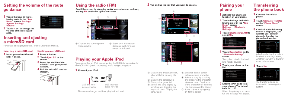 Pairing your phone, Transferring the phone book, Setting the volume of the route guidance | Using the radio (fm) playing your apple ipod, Inserting and ejecting a microsd card | Pioneer AVIC-X920BT User Manual | Page 2 / 2