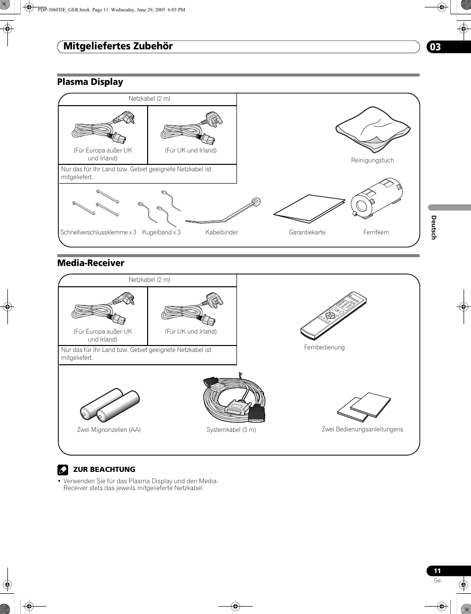 03 mitgeliefertes zubehör, Plasma display media-receiver, Mitgeliefertes zubehör 03 | Mitgeliefertes zubehör | Pioneer PDP-436FDE User Manual | Page 103 / 141