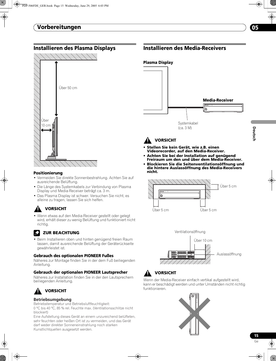 05 vorbereitungen, Vorbereitungen 05, Vorbereitungen | Installieren des plasma displays, Installieren des media-receivers | Pioneer PDP-436FDE User Manual | Page 107 / 141