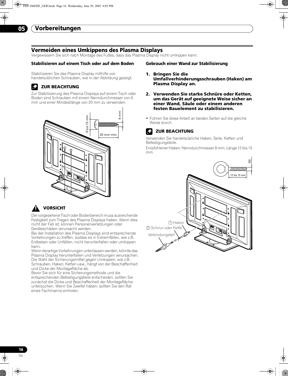 Vermeiden eines umkippens des plasma displays, Vorbereitungen 05 | Pioneer PDP-436FDE User Manual | Page 108 / 141