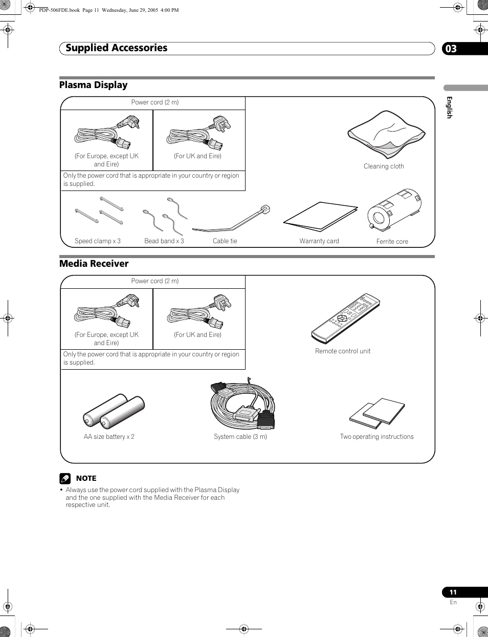 03 supplied accessories, Plasma display media receiver, Supplied accessories 03 | Supplied accessories | Pioneer PDP-436FDE User Manual | Page 11 / 141