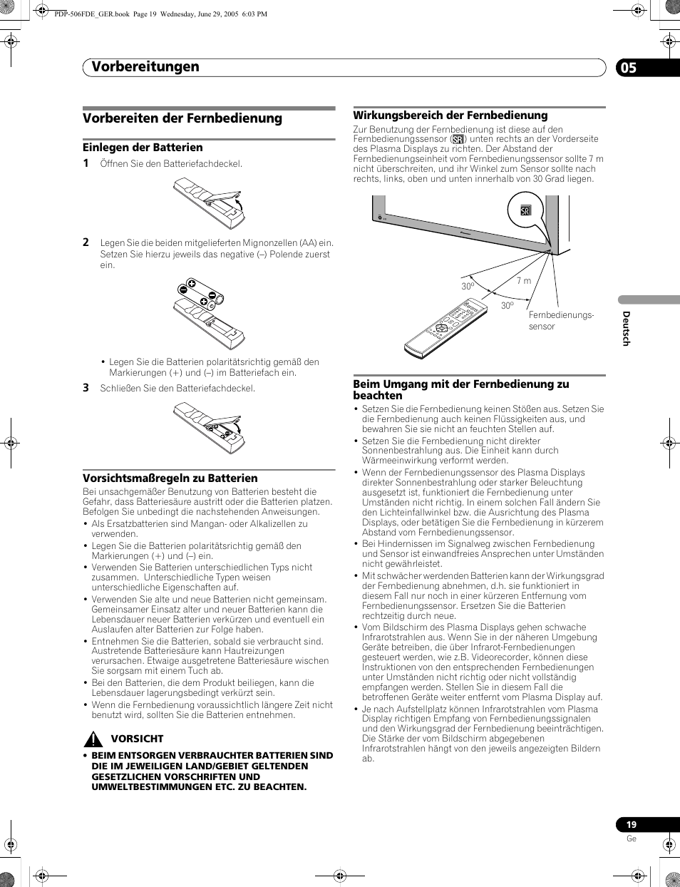 Vorbereiten der fernbedienung, Vorbereitungen 05 | Pioneer PDP-436FDE User Manual | Page 111 / 141