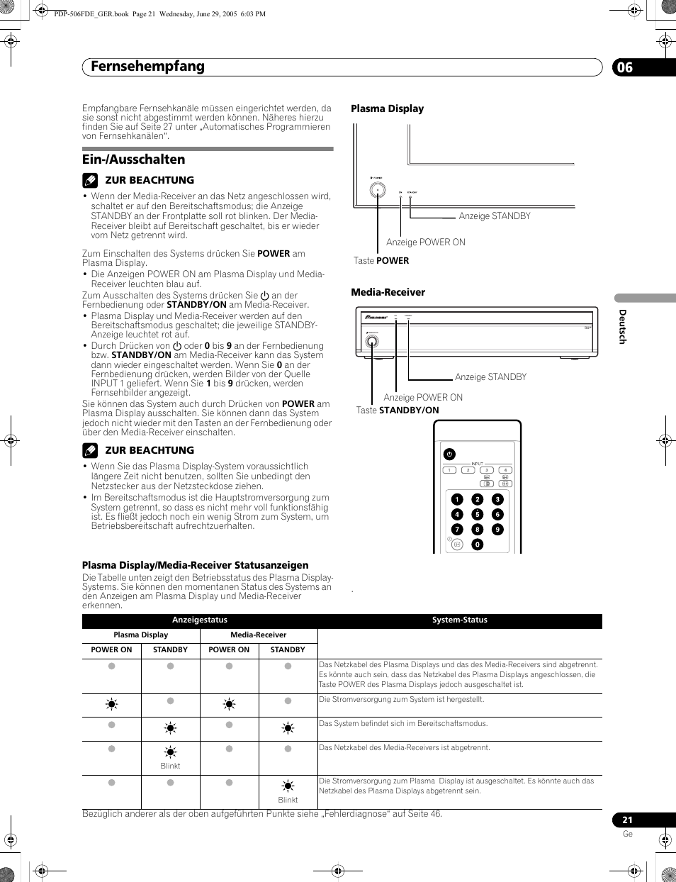 06 fernsehempfang, Ein-/ausschalten, Fernsehempfang 06 | Fernsehempfang | Pioneer PDP-436FDE User Manual | Page 113 / 141