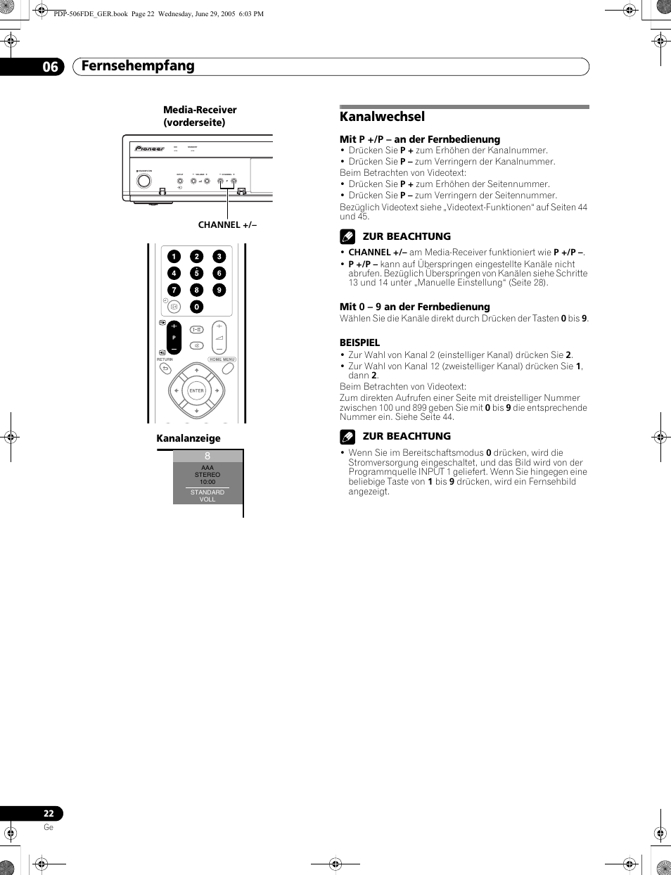 Kanalwechsel, Fernsehempfang 06 | Pioneer PDP-436FDE User Manual | Page 114 / 141