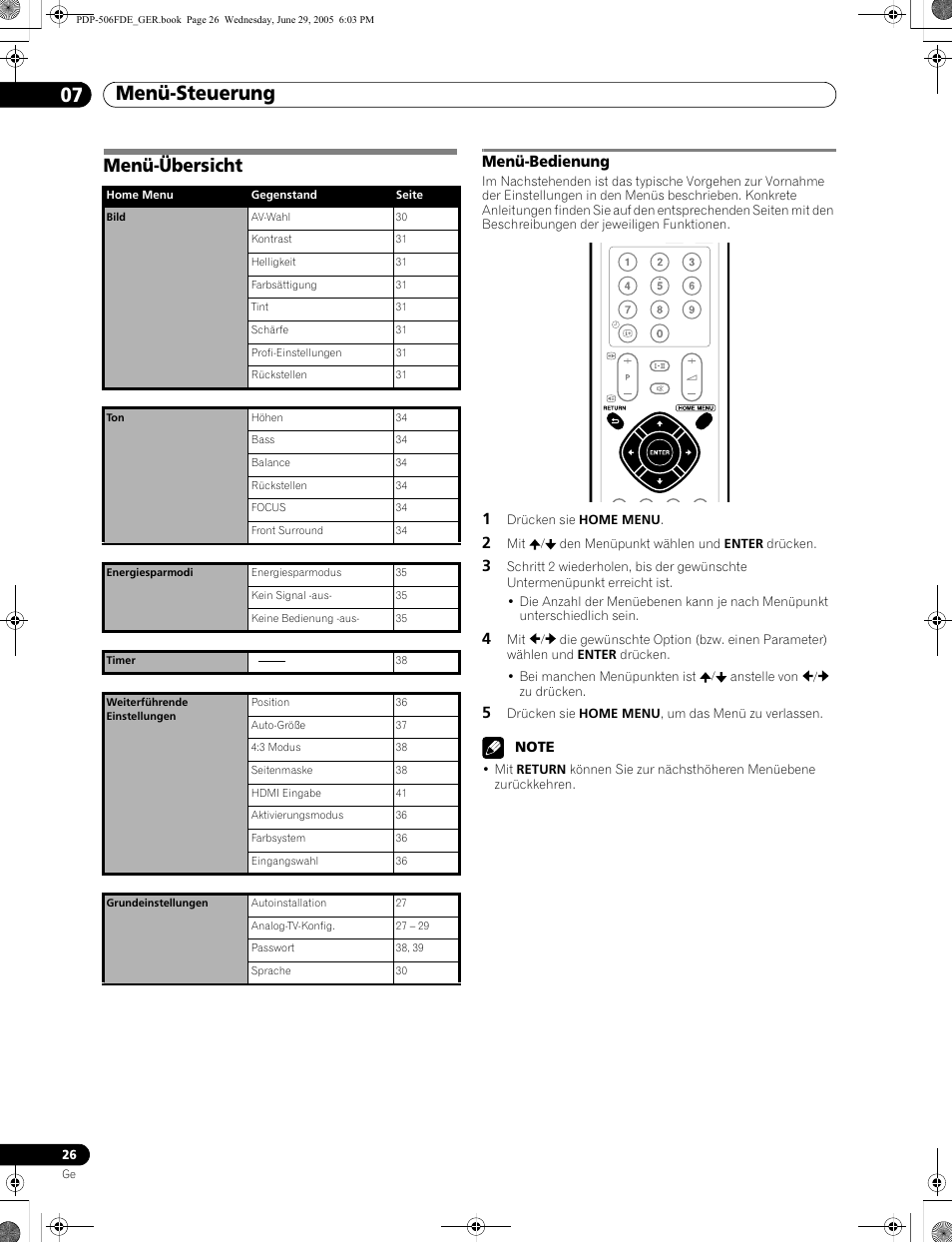 07 menü-steuerung, Menü-übersicht, Menü-bedienung | Menü-steuerung 07 menü-steuerung | Pioneer PDP-436FDE User Manual | Page 118 / 141