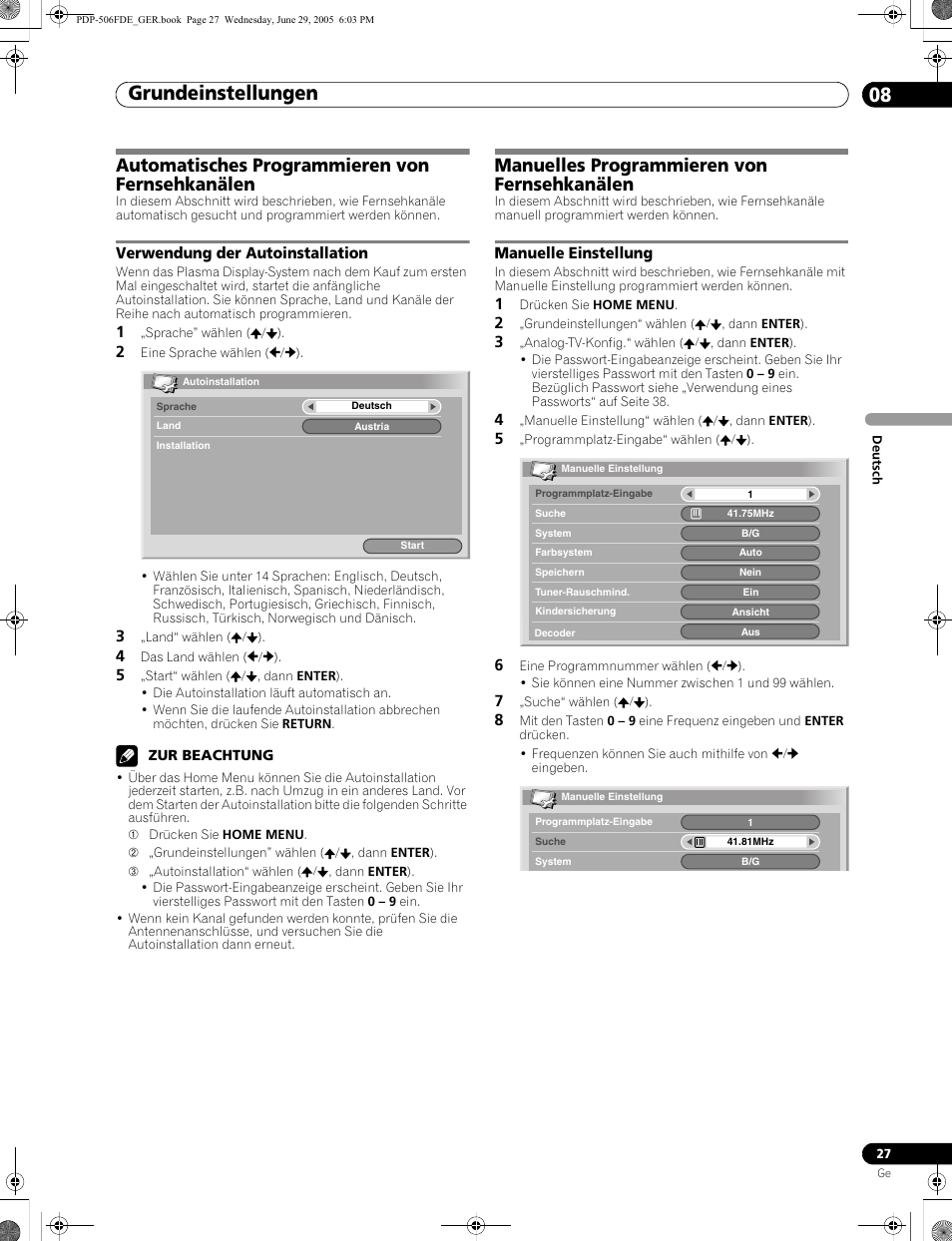 08 grundeinstellungen, Automatisches programmieren von fernsehkanälen, Verwendung der autoinstallation | Manuelles programmieren von fernsehkanälen, Manuelle einstellung, Grundeinstellungen 08, Grundeinstellungen | Pioneer PDP-436FDE User Manual | Page 119 / 141