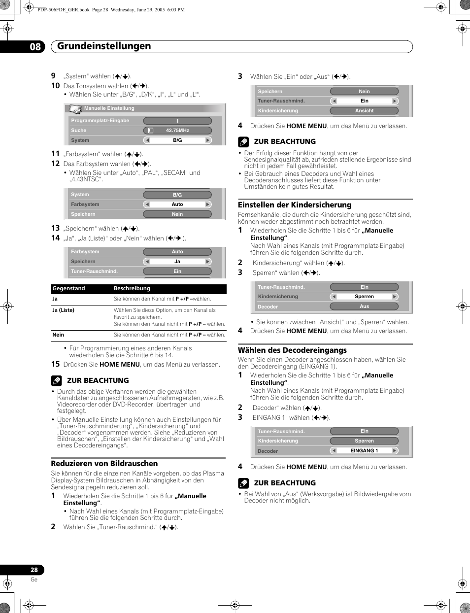 Grundeinstellungen 08, Reduzieren von bildrauschen, Einstellen der kindersicherung | Wählen des decodereingangs | Pioneer PDP-436FDE User Manual | Page 120 / 141