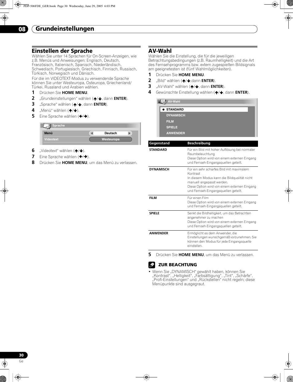 Einstellen der sprache av-wahl, Grundeinstellungen 08, Einstellen der sprache | Av-wahl | Pioneer PDP-436FDE User Manual | Page 122 / 141