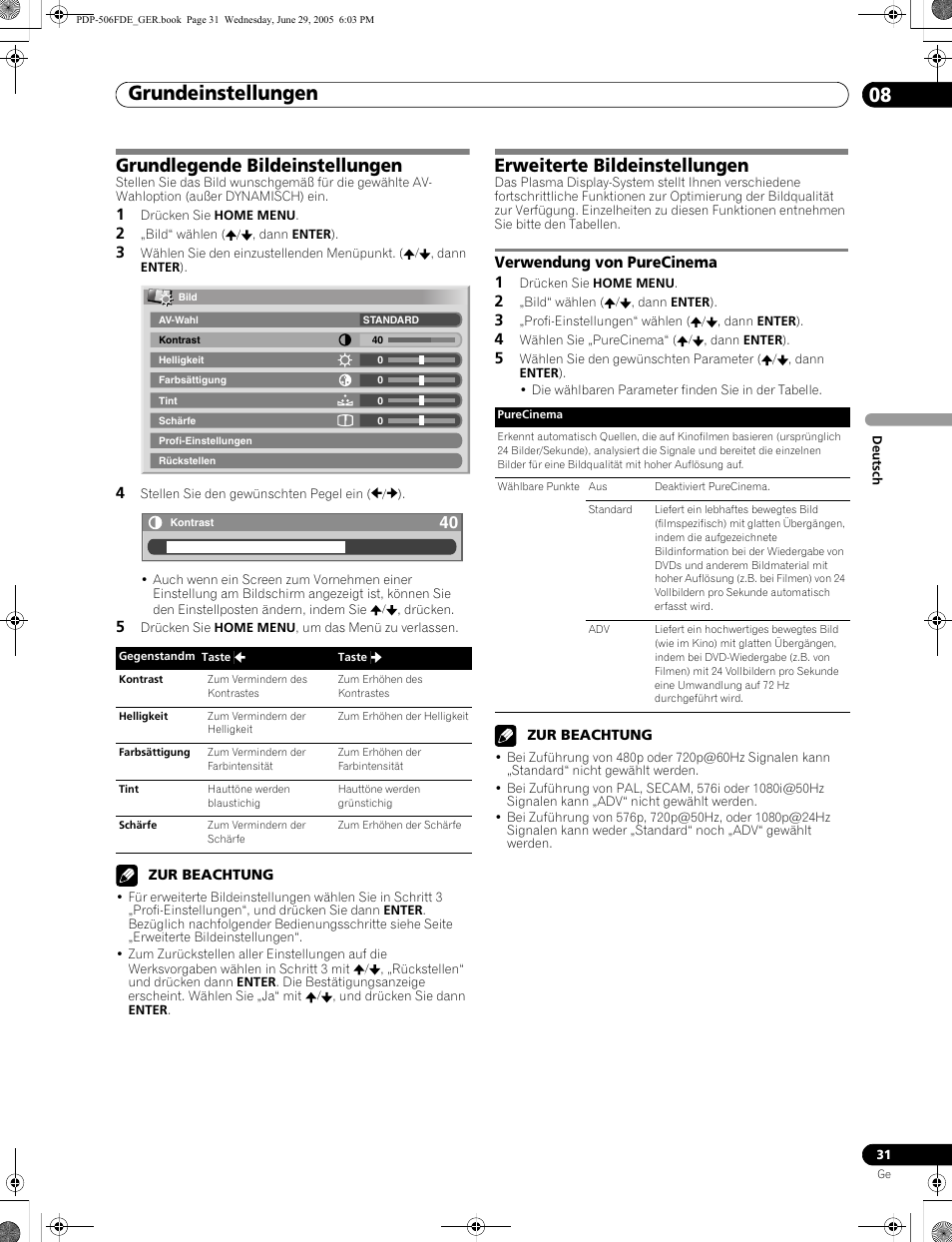 Verwendung von purecinema, Grundeinstellungen 08, Grundlegende bildeinstellungen | Erweiterte bildeinstellungen, Verwendung von purecinema 1 | Pioneer PDP-436FDE User Manual | Page 123 / 141