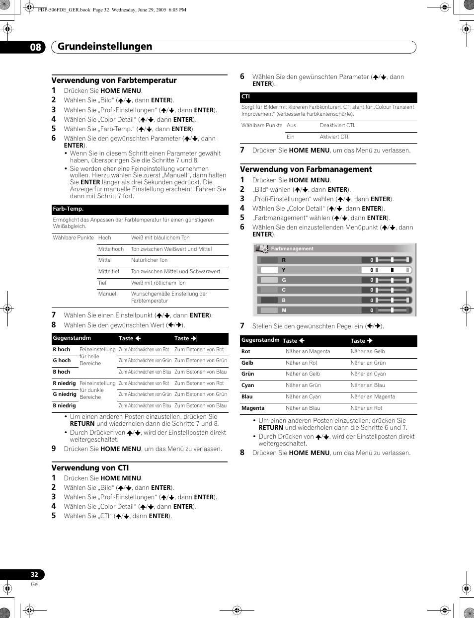 Grundeinstellungen 08, Verwendung von farbtemperatur 1, Verwendung von cti 1 | Verwendung von farbmanagement 1 | Pioneer PDP-436FDE User Manual | Page 124 / 141