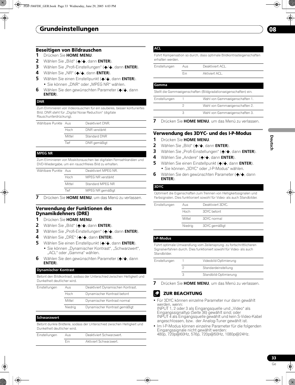 Grundeinstellungen 08, Beseitigen von bildrauschen 1, Verwendung des 3dyc- und des i-p-modus 1 | Pioneer PDP-436FDE User Manual | Page 125 / 141