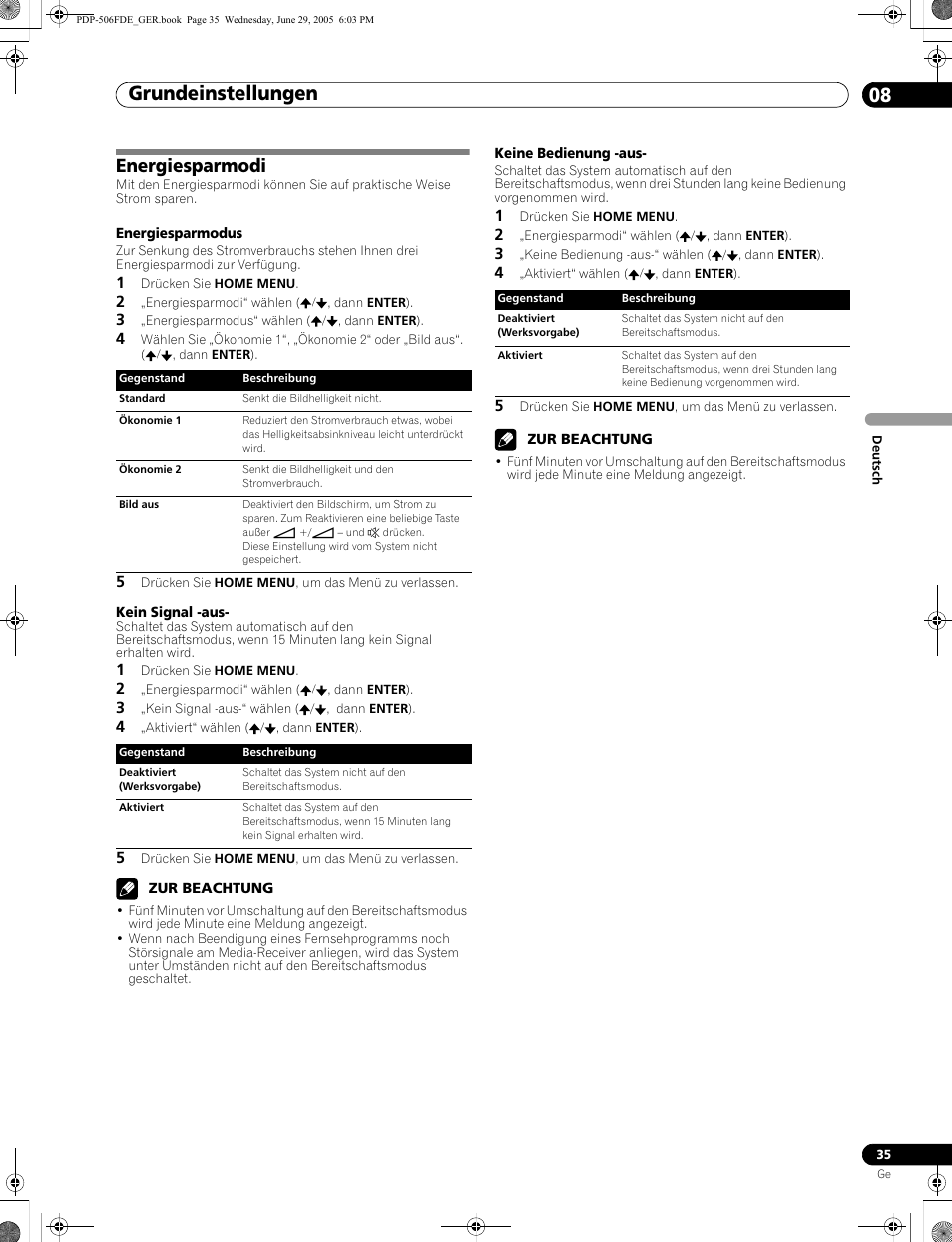Energiesparmodi, Grundeinstellungen 08 | Pioneer PDP-436FDE User Manual | Page 127 / 141