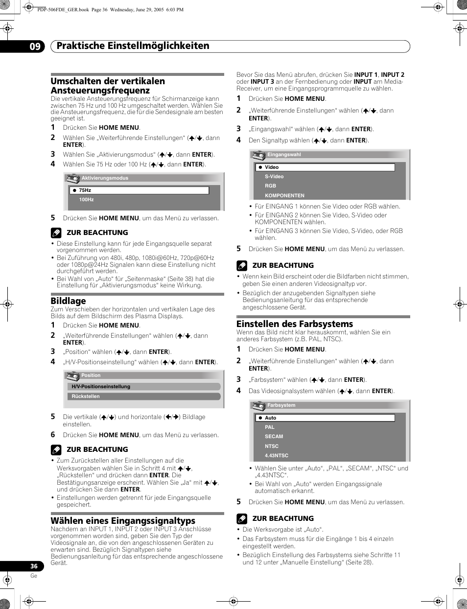 09 praktische einstellmöglichkeiten, Umschalten der vertikalen ansteuerungsfrequenz, Bildlage | Wählen eines eingangssignaltyps, Einstellen des farbsystems | Pioneer PDP-436FDE User Manual | Page 128 / 141