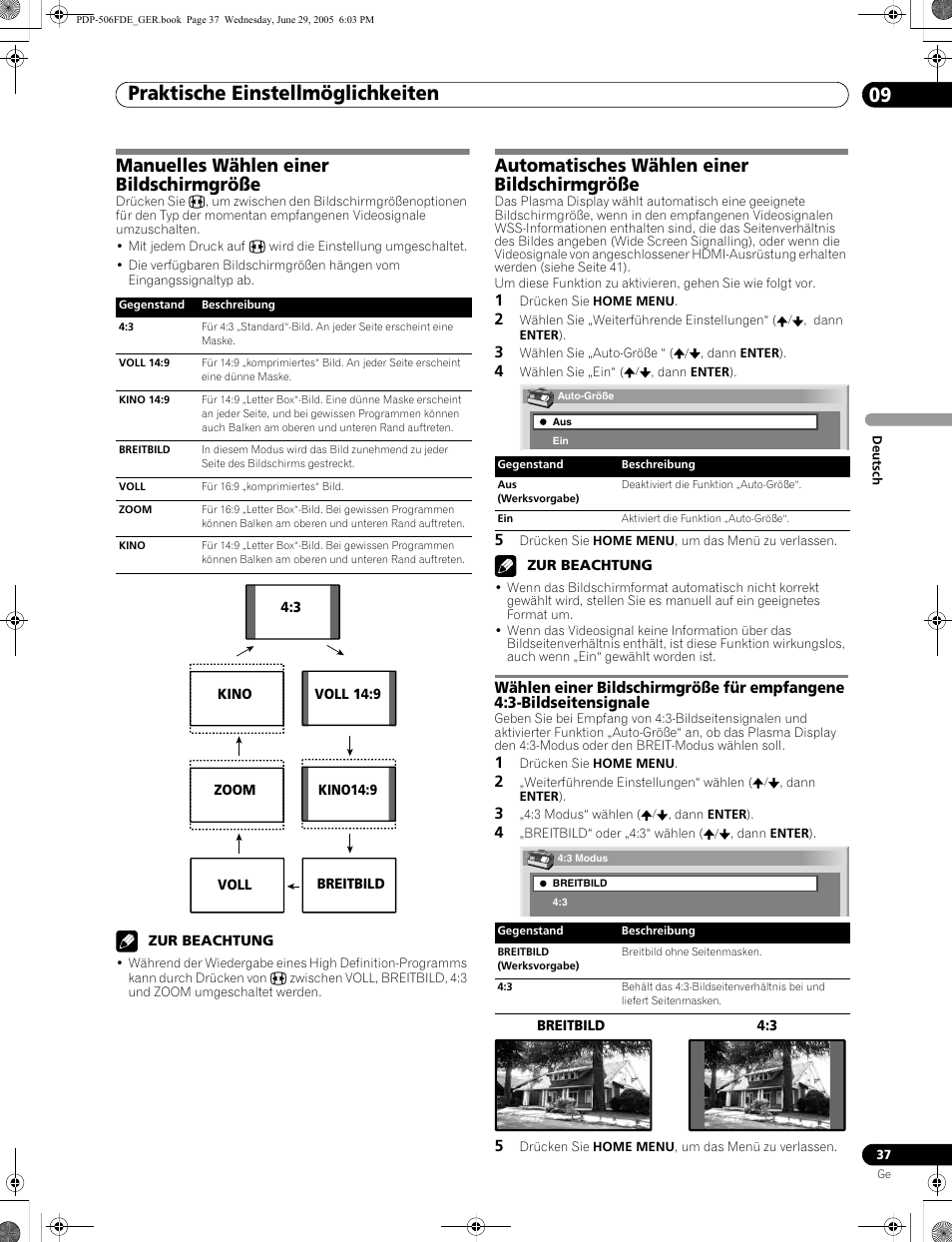 Praktische einstellmöglichkeiten 09, Manuelles wählen einer bildschirmgröße, Automatisches wählen einer bildschirmgröße | Pioneer PDP-436FDE User Manual | Page 129 / 141