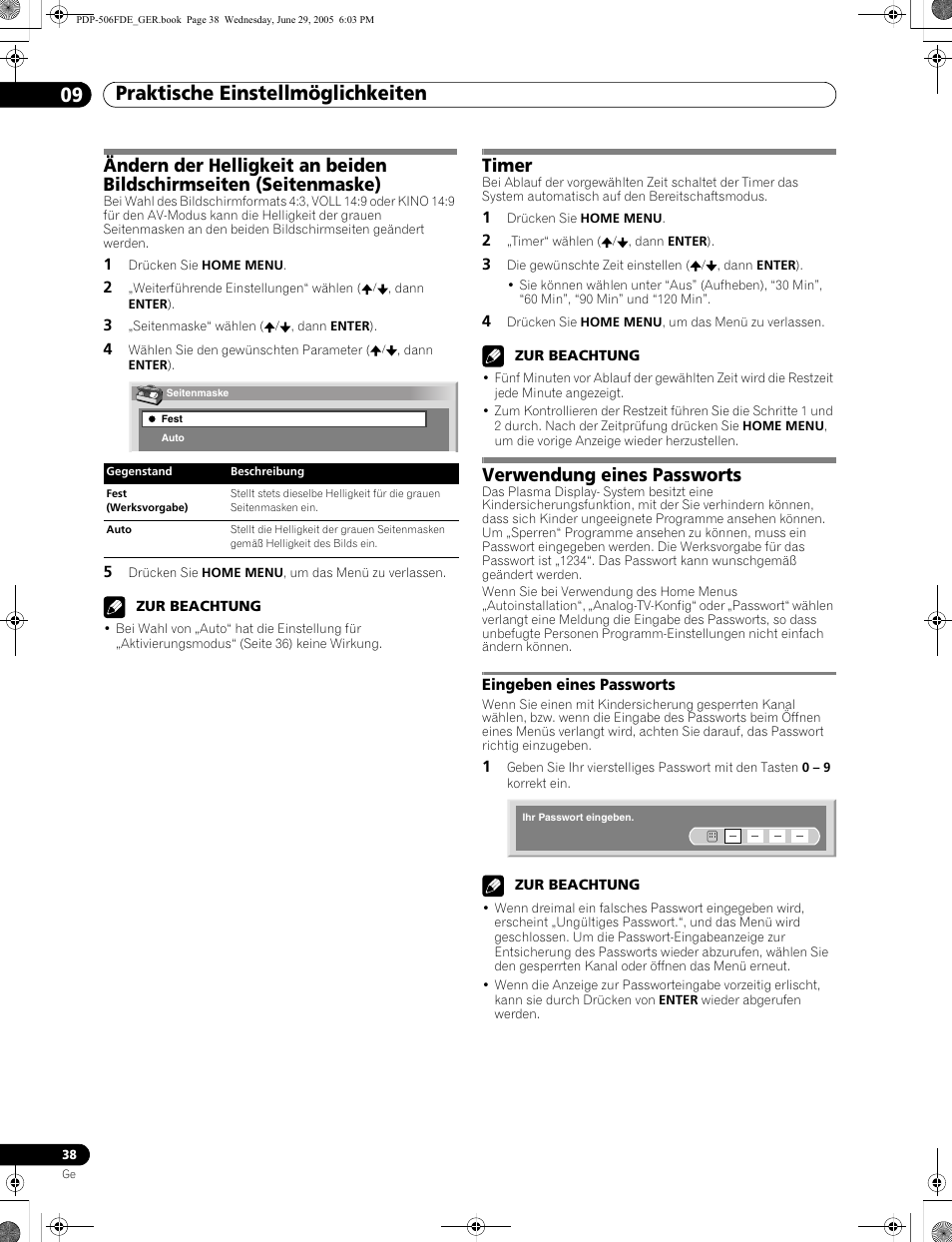 Eingeben eines passworts, Praktische einstellmöglichkeiten 09, Timer | Verwendung eines passworts | Pioneer PDP-436FDE User Manual | Page 130 / 141