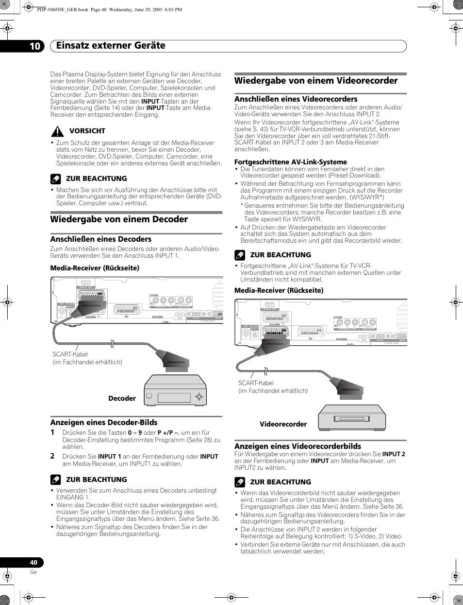 10 einsatz externer geräte, Wiedergabe von einem decoder, Wiedergabe von einem videorecorder | Einsatz externer geräte 10 einsatz externer geräte, Anschließen eines decoders, Anzeigen eines decoder-bilds 1, Anschließen eines videorecorders, Anzeigen eines videorecorderbilds, Vorsicht, Zur beachtung | Pioneer PDP-436FDE User Manual | Page 132 / 141