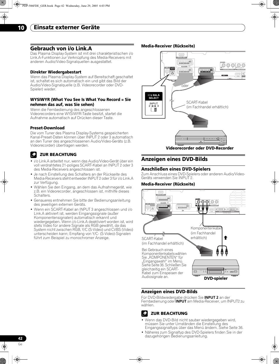 Gebrauch von i/o link.a anzeigen eines dvd-bilds, Einsatz externer geräte 10, Gebrauch von i/o link.a | Anzeigen eines dvd-bilds, Anschließen eines dvd-spielers, Direkter wiedergabestart, Preset-download, Zur beachtung, Media-receiver (rückseite), Videorecorder oder dvd-recorder | Pioneer PDP-436FDE User Manual | Page 134 / 141