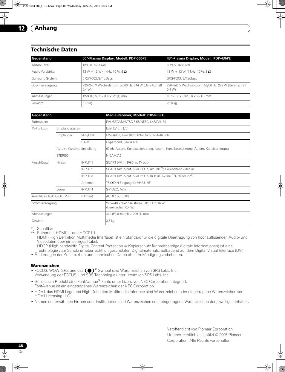 Technische daten, Anhang 12 | Pioneer PDP-436FDE User Manual | Page 140 / 141