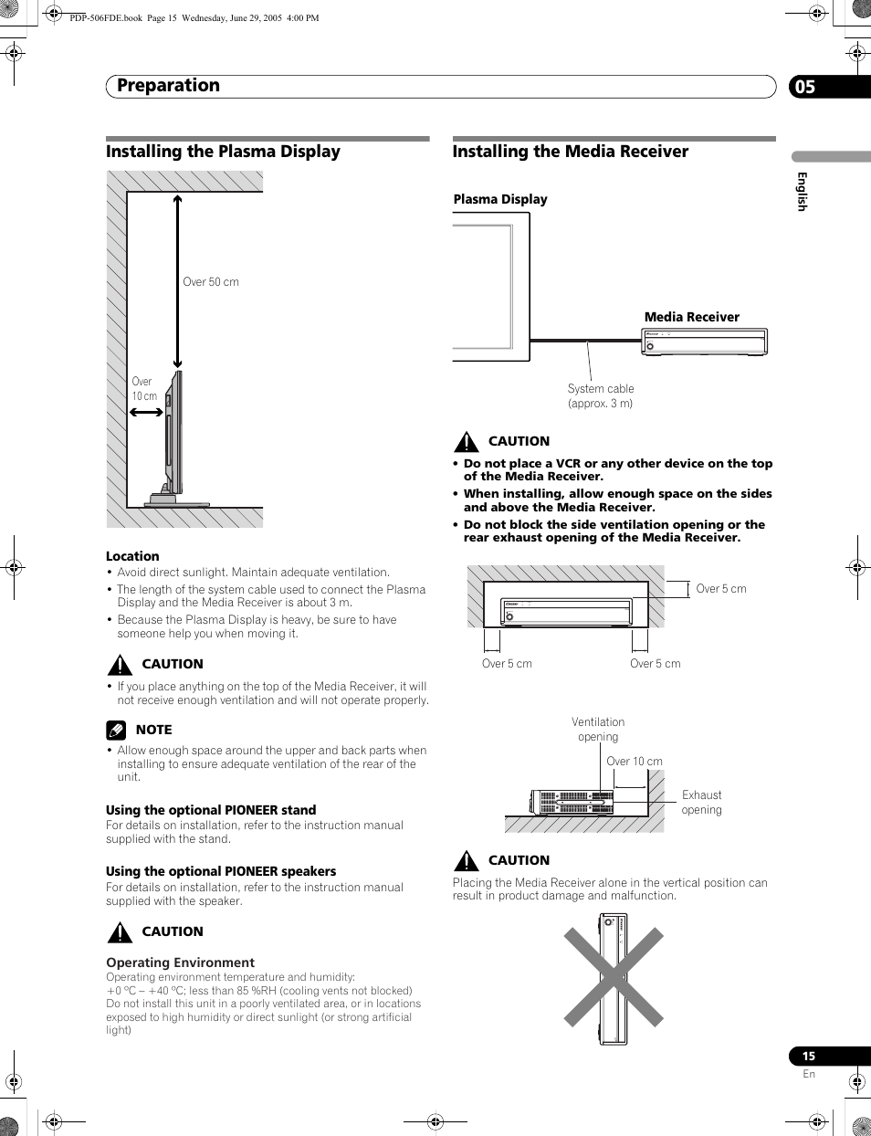 05 preparation, Preparation 05, Preparation | Installing the plasma display, Installing the media receiver | Pioneer PDP-436FDE User Manual | Page 15 / 141