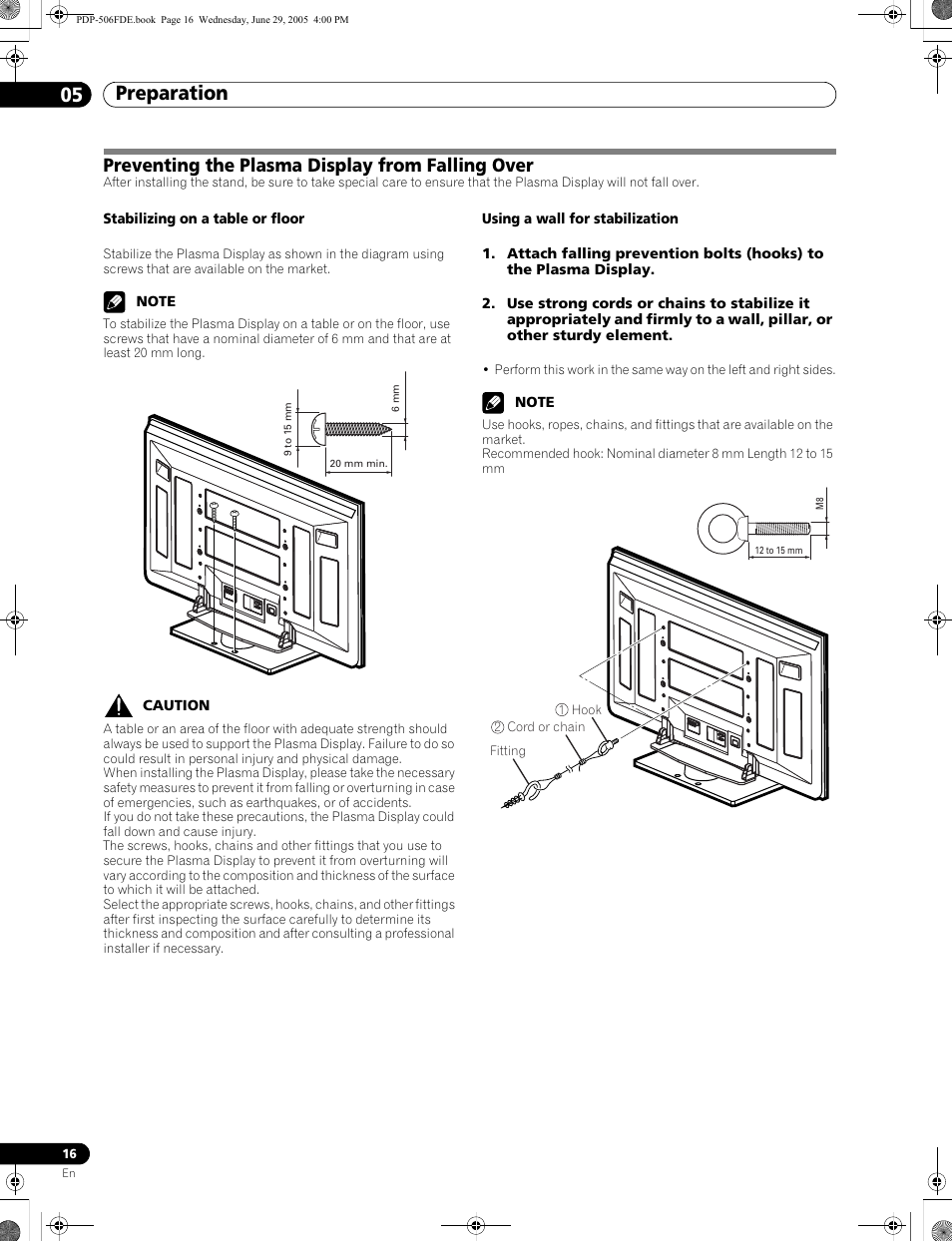 Preventing the plasma display from falling over, Preparation 05 | Pioneer PDP-436FDE User Manual | Page 16 / 141