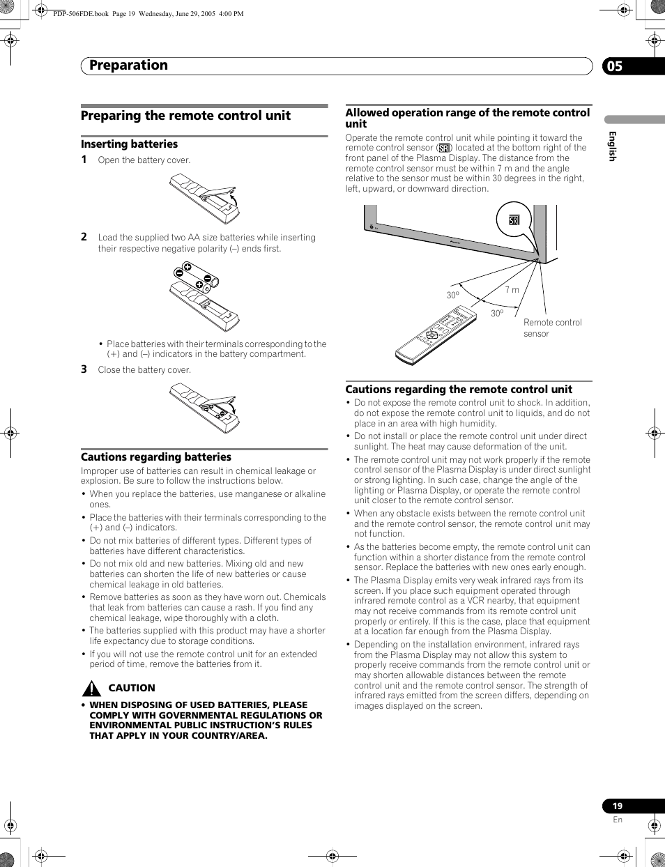 Preparing the remote control unit, Preparation 05 | Pioneer PDP-436FDE User Manual | Page 19 / 141