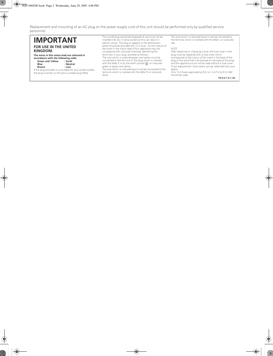 Important, For use in the united kingdom | Pioneer PDP-436FDE User Manual | Page 2 / 141