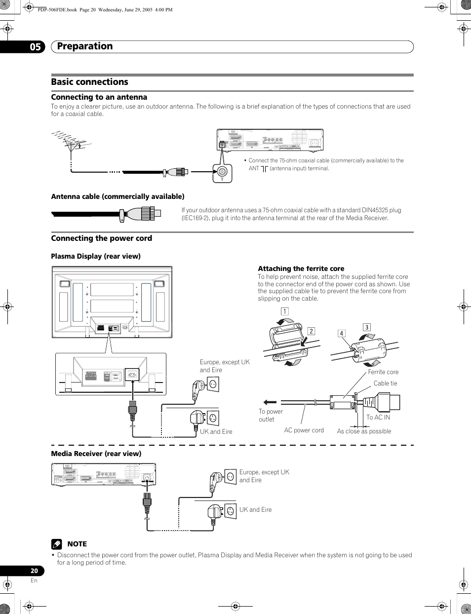 Basic connections, Connecting to an antenna connecting the power cord, Preparation 05 | Pioneer PDP-436FDE User Manual | Page 20 / 141