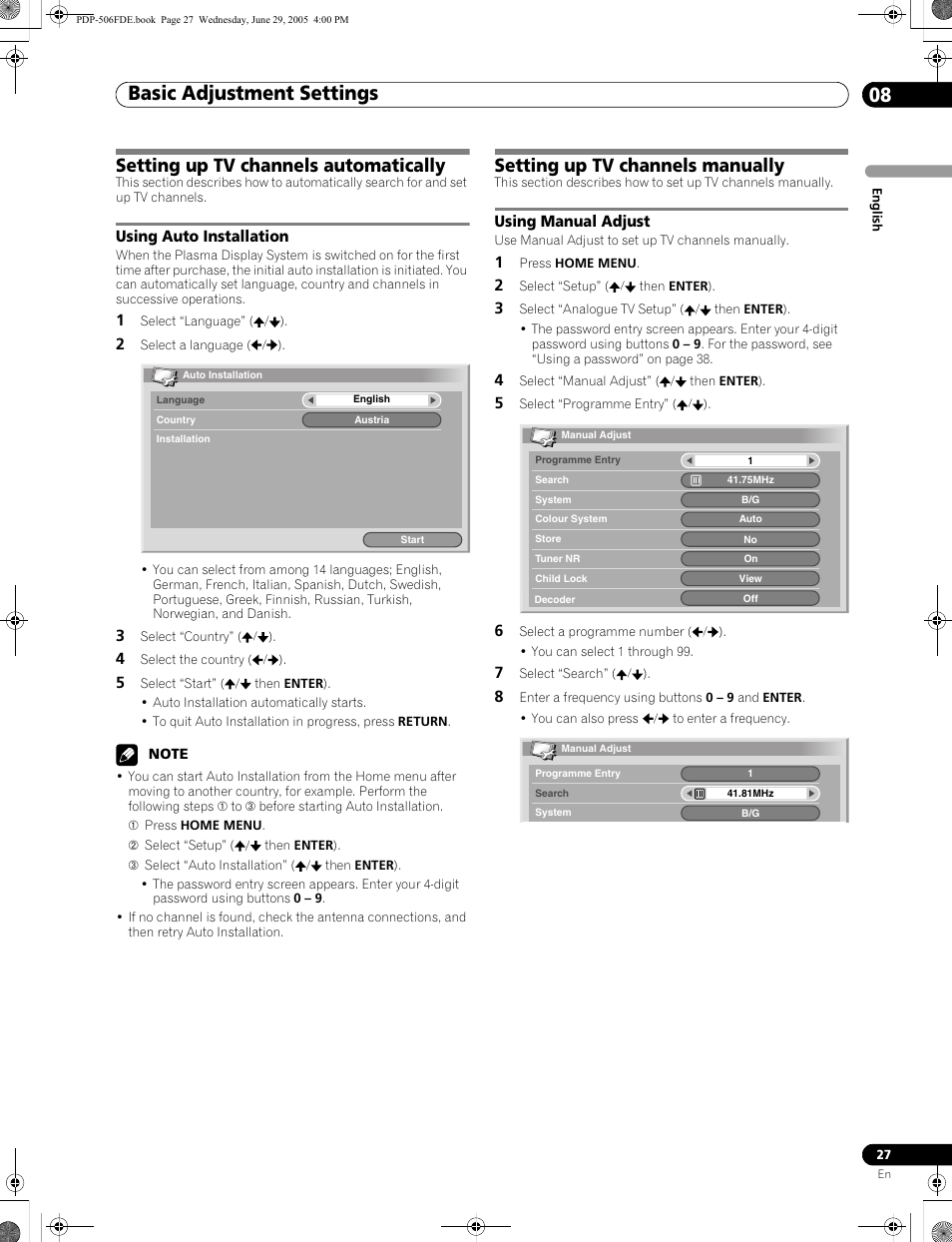 08 basic adjustment settings, Setting up tv channels automatically, Using auto installation | Basic adjustment settings 08, Basic adjustment settings, Setting up tv channels manually | Pioneer PDP-436FDE User Manual | Page 27 / 141