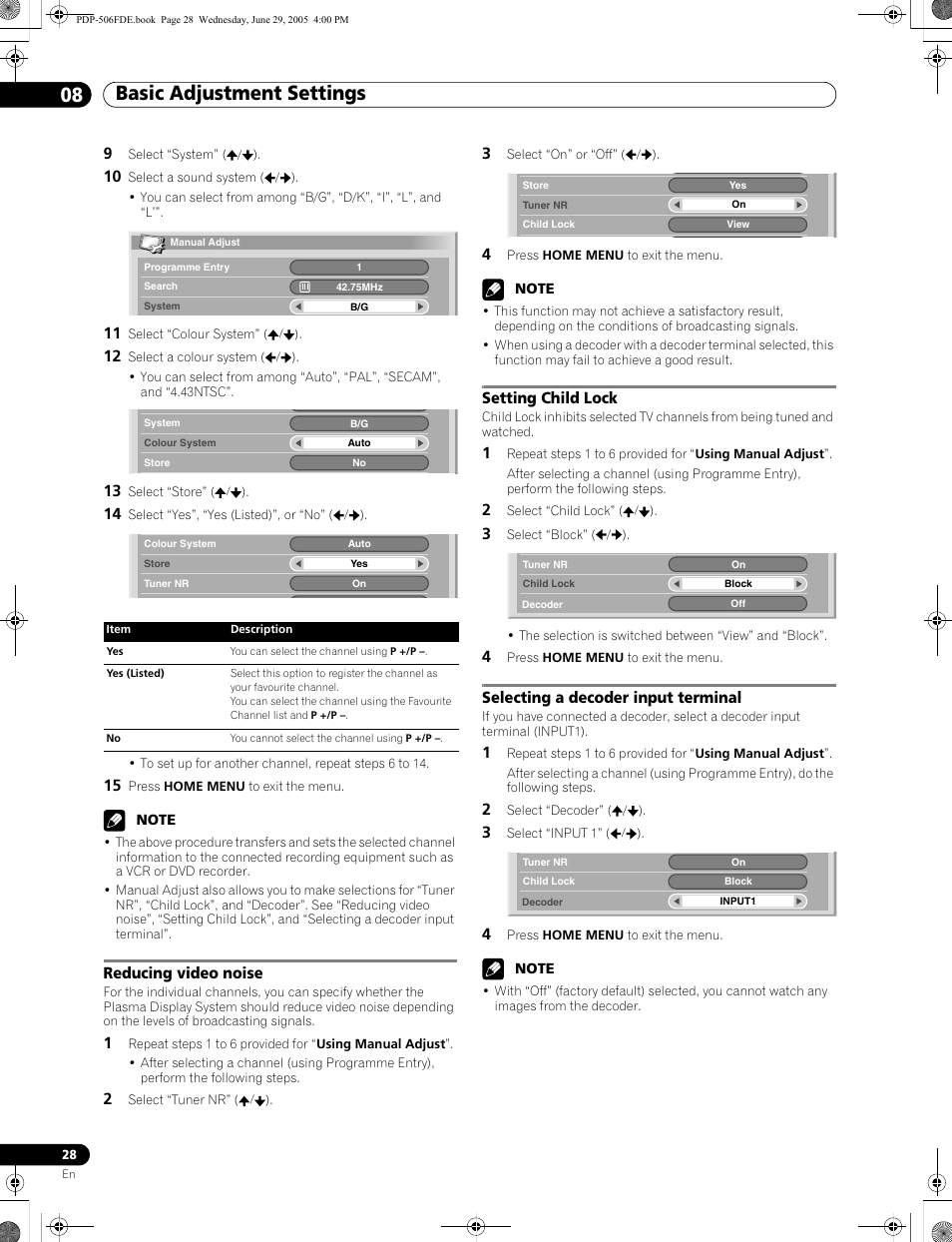 Setting up tv channels manually, Basic adjustment settings 08, Reducing video noise | Setting child lock, Selecting a decoder input terminal | Pioneer PDP-436FDE User Manual | Page 28 / 141