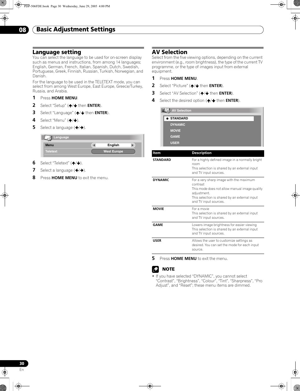 Language setting av selection, Basic adjustment settings 08, Language setting | Av selection | Pioneer PDP-436FDE User Manual | Page 30 / 141